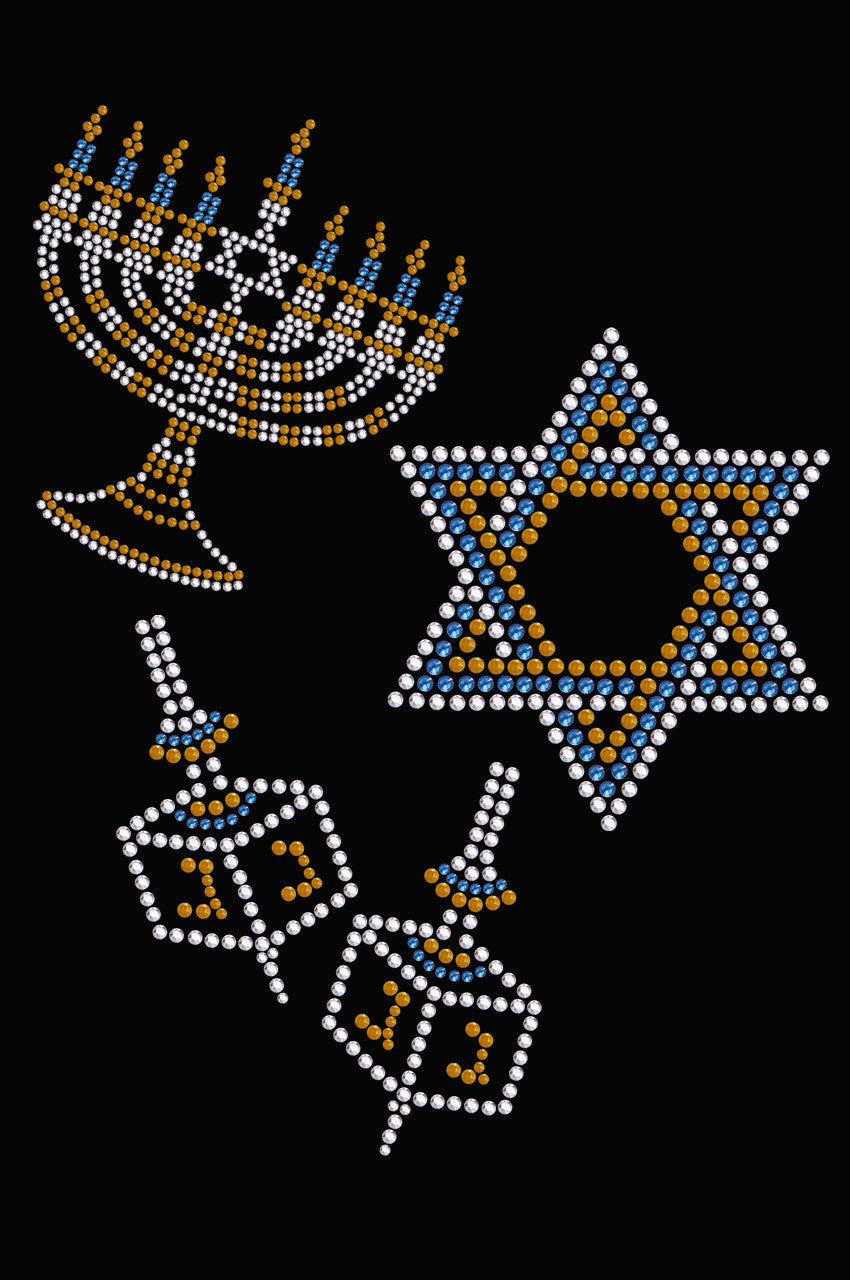 Menorah, Dreidel & Star of David (Blue, Silver, & Gold) - Womens T-shirt