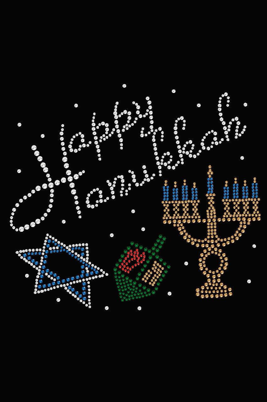 Happy Hanukkah - Dreidel, Menorah and Star of David - Womens Tee