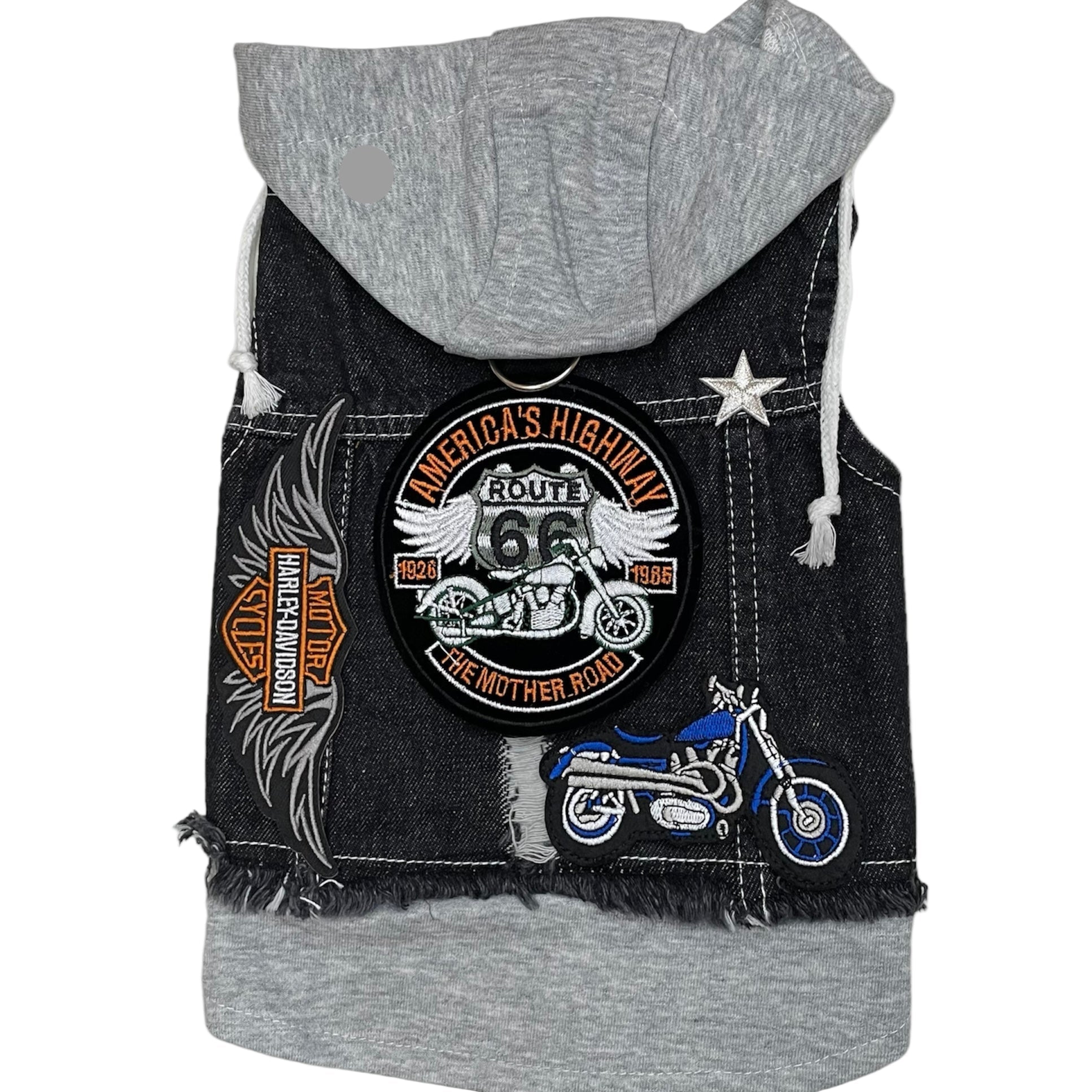 Heads or Tails Pup Black Biker Denim Dog Hoodie Vest