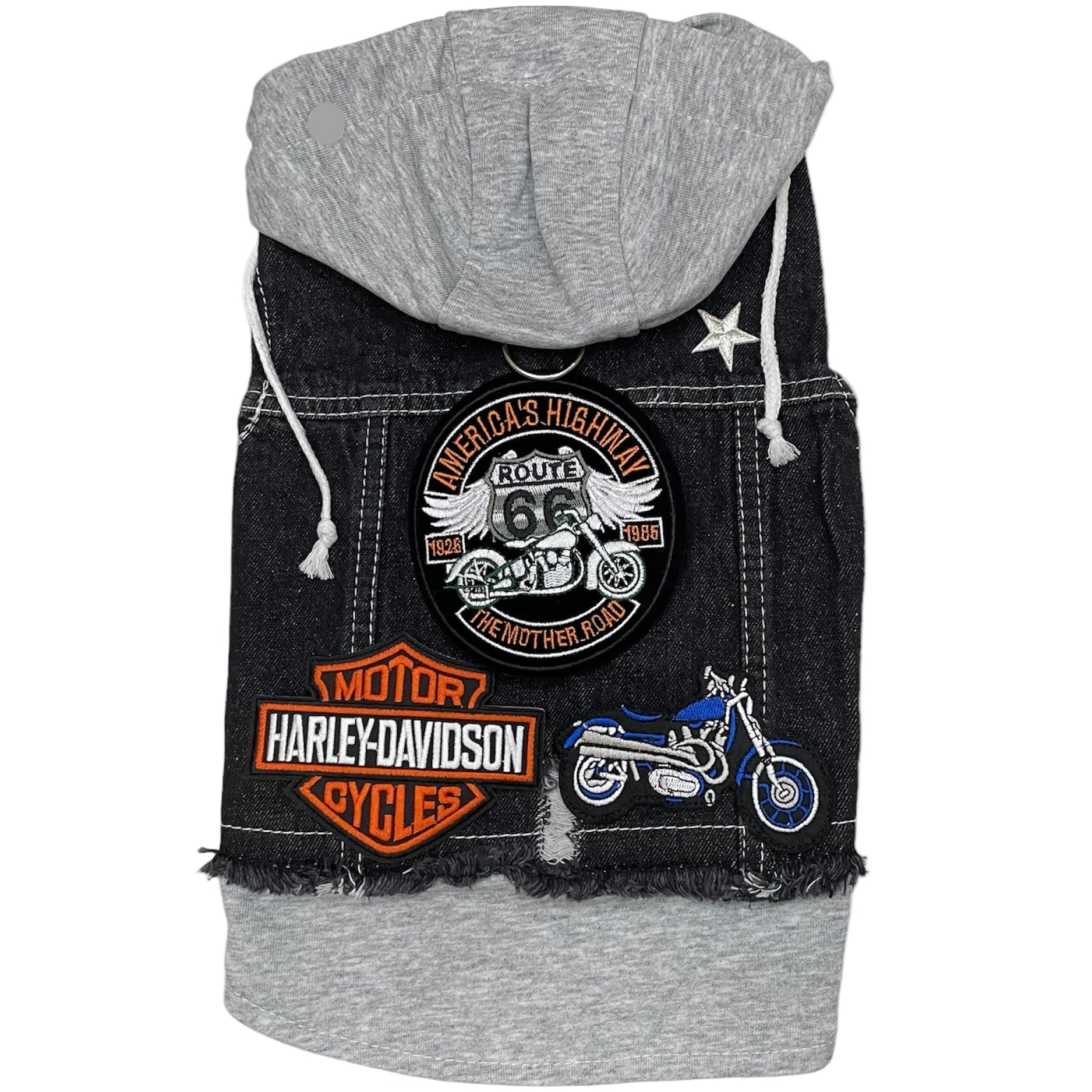 Heads or Tails Pup Black Biker Denim Dog Hoodie Vest