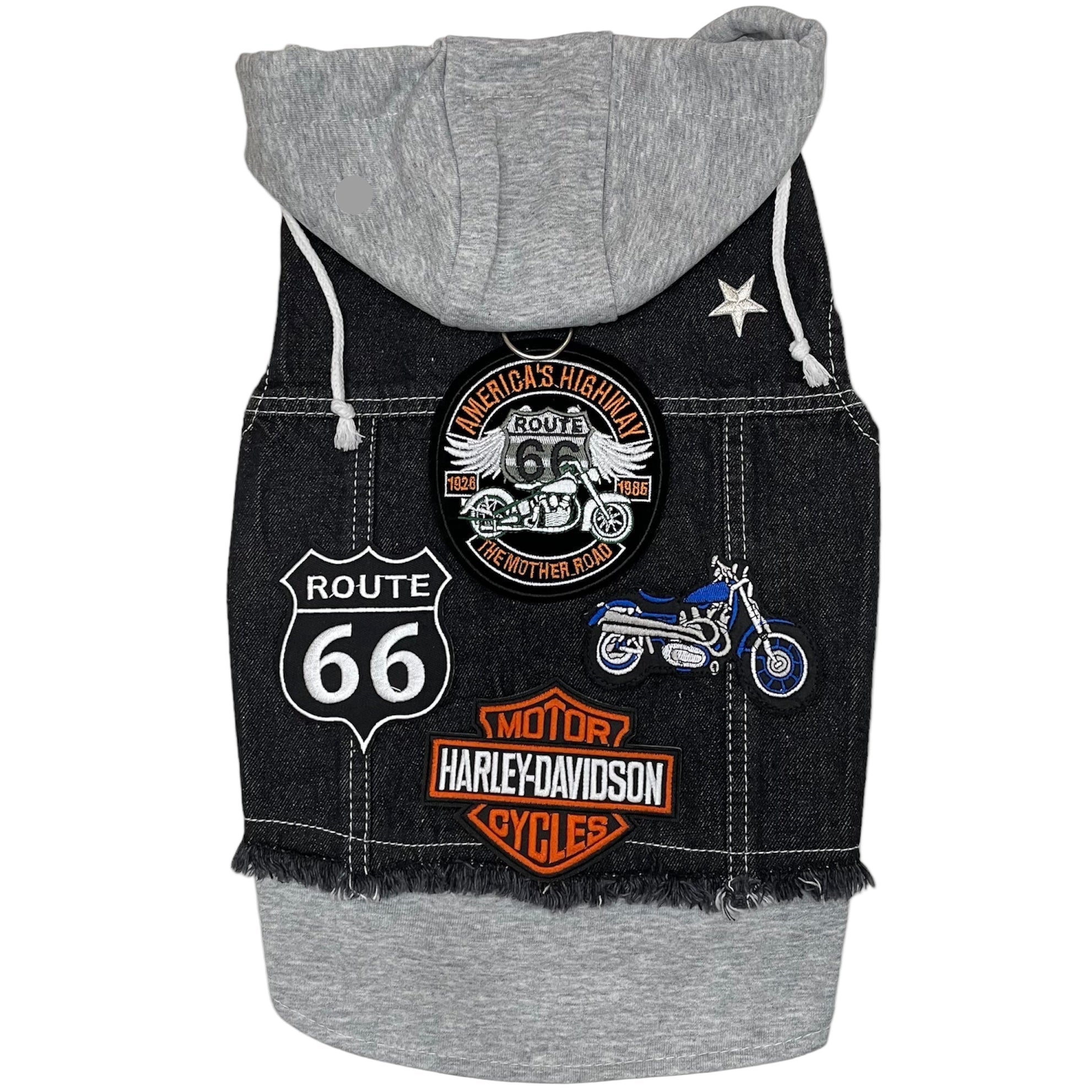Heads or Tails Pup Black Biker Denim Dog Hoodie Vest