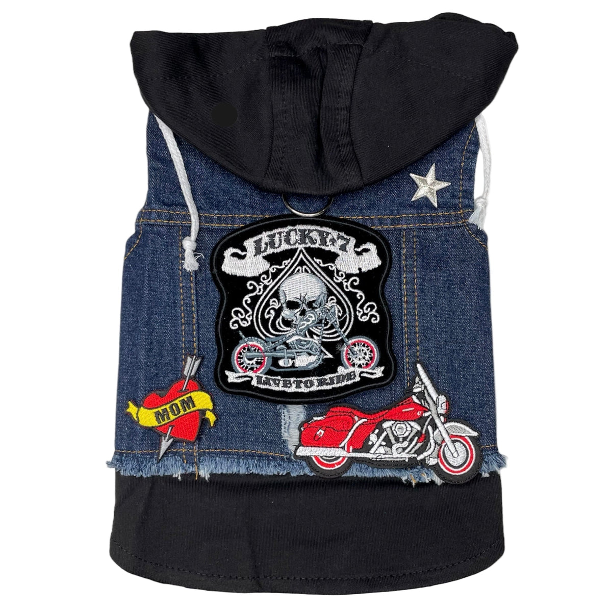 Heads or Tails Pup Blue Biker Denim Dog Hoodie Vest