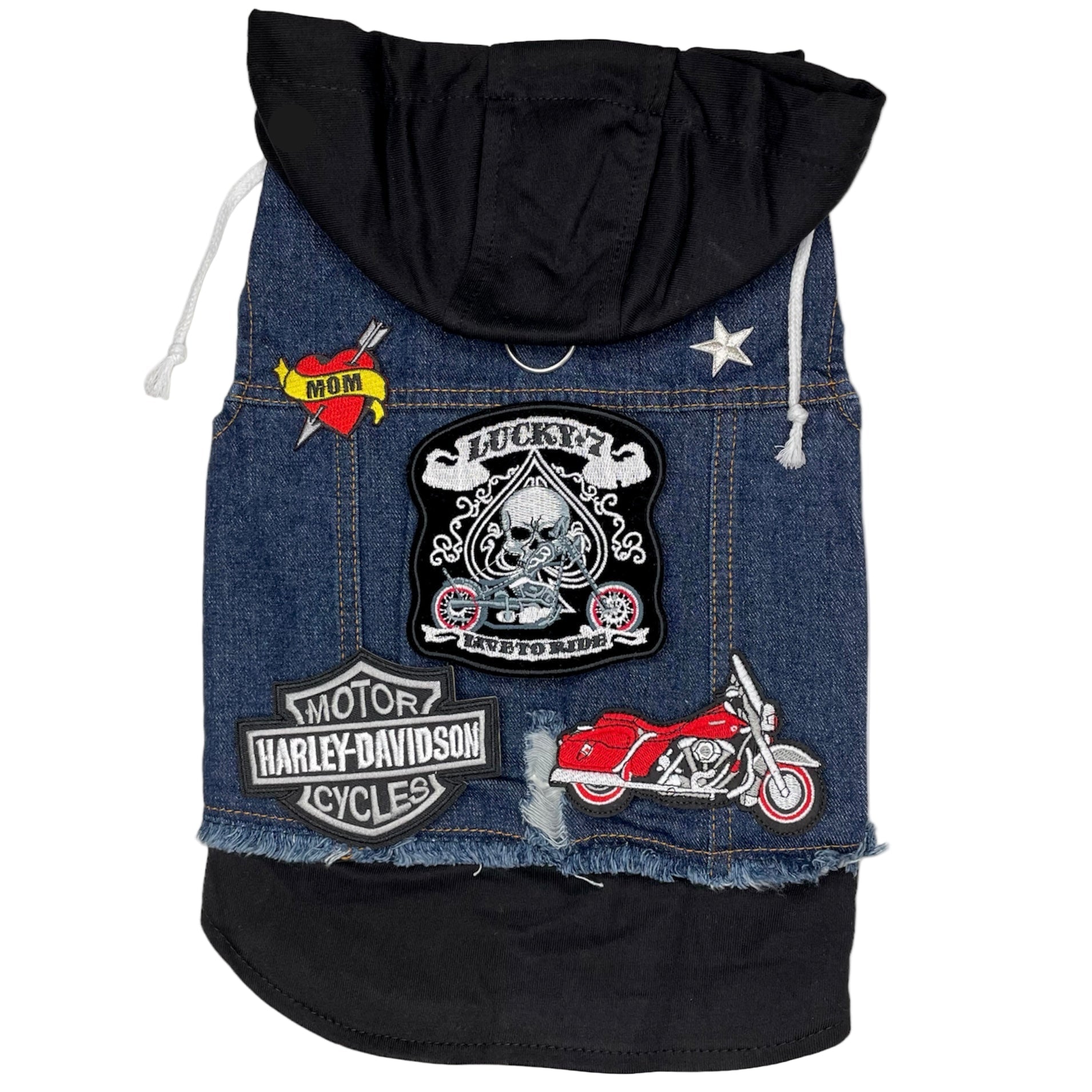 Heads or Tails Pup Blue Biker Denim Dog Hoodie Vest