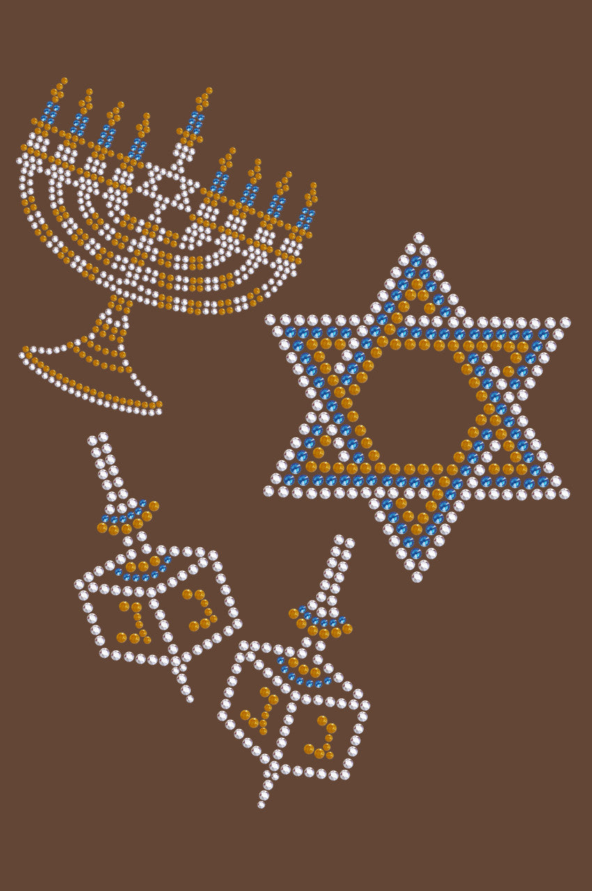 Menorah, Dreidel & Star of David (Blue, Silver, & Gold) - Womens T-shirt