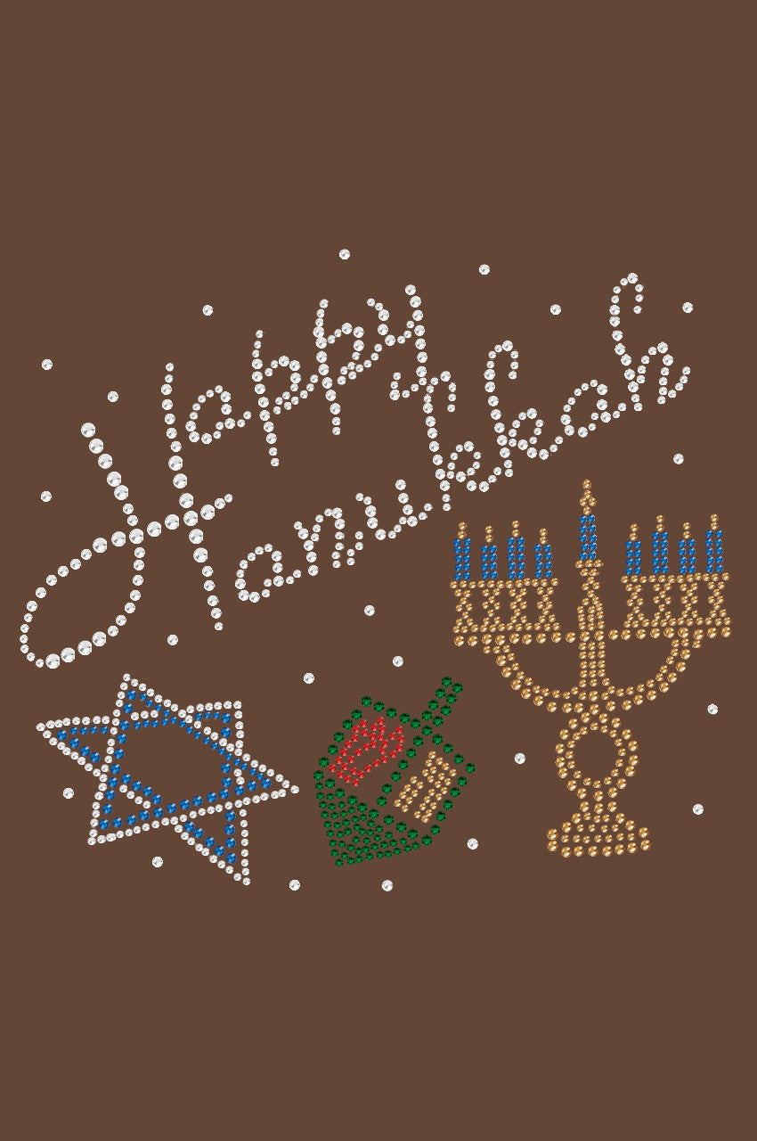 Happy Hanukkah - Dreidel, Menorah and Star of David - Womens Tee