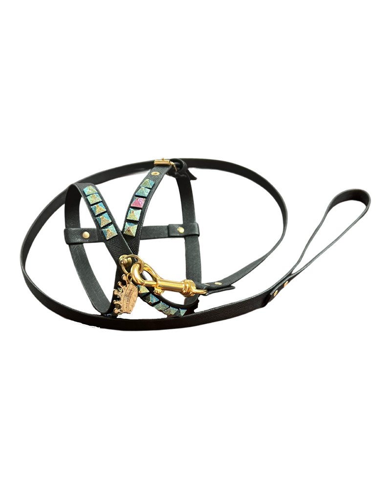 Fashion Dog Harness and Plain Leash Set - Black with Metallic Studs