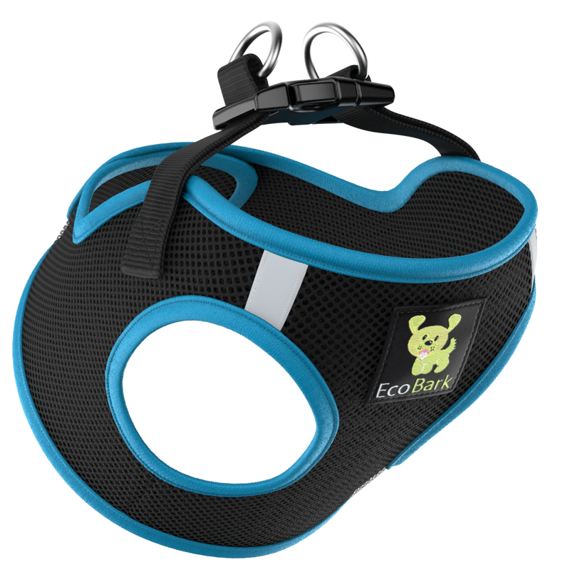 EcoBark Step In Dog Harness - Teacup & Small Breeds- Reflective Soft Mesh Harness for Teacup, Small Dogs and Puppies / Black w/ Teal Piping