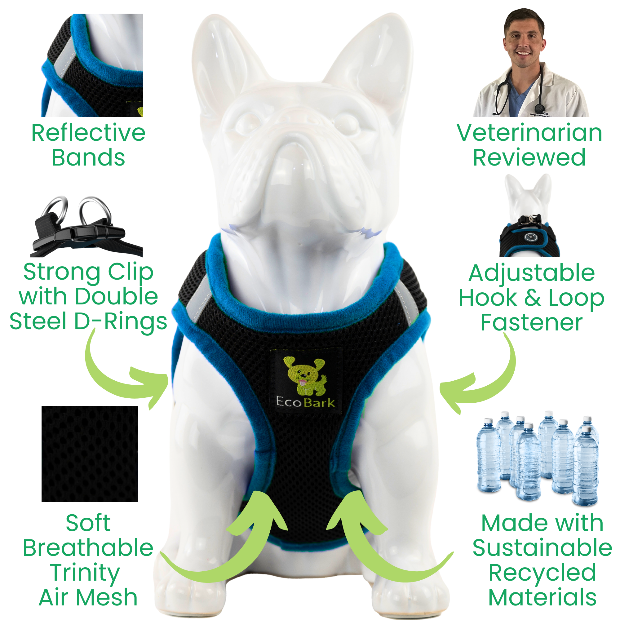 EcoBark Step In Dog Harness - Teacup & Small Breeds- Reflective Soft Mesh Harness for Teacup, Small Dogs and Puppies / Black w/ Teal Piping