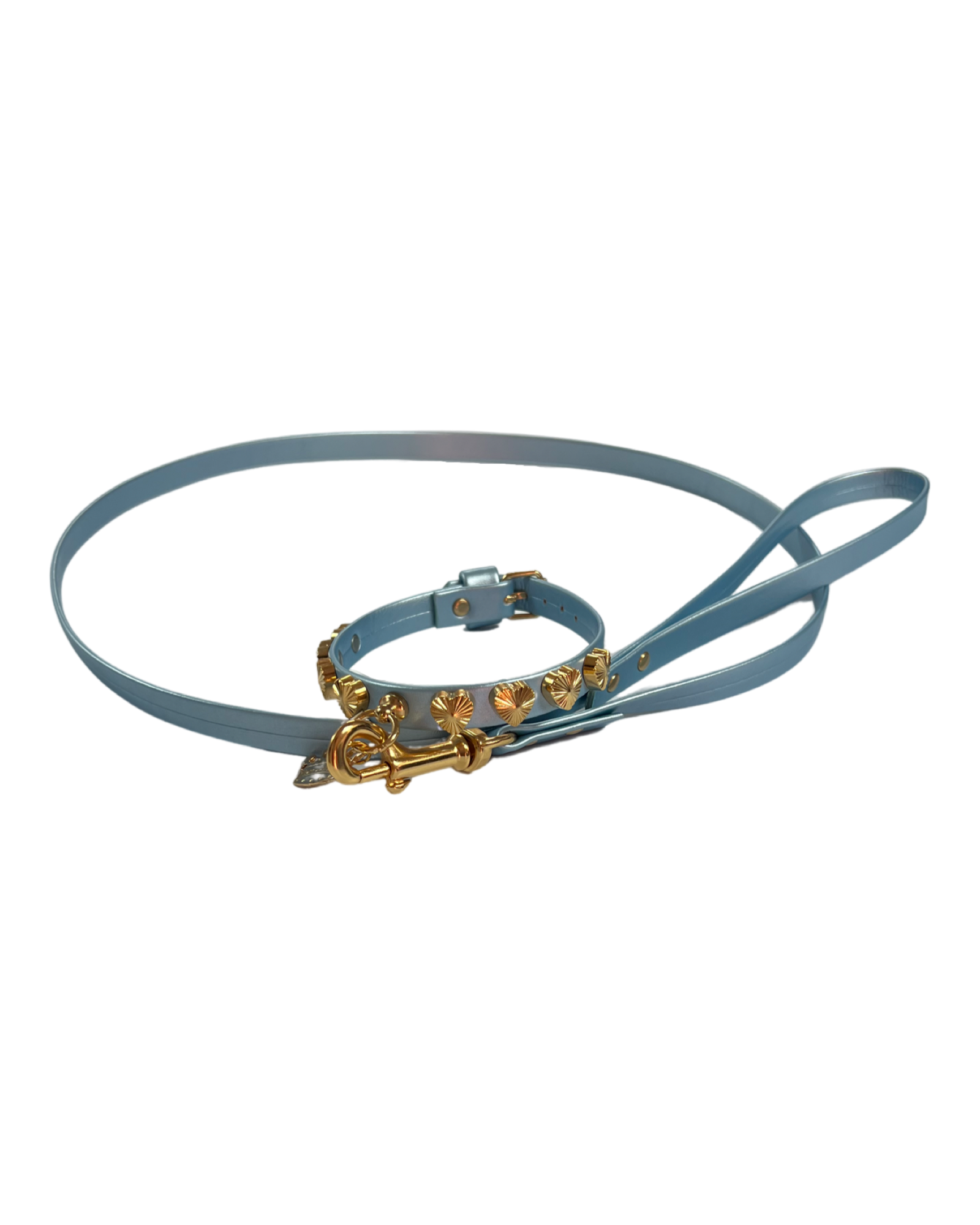 Fashion Collar and Plain Leash Set - Blue with Heart Studs