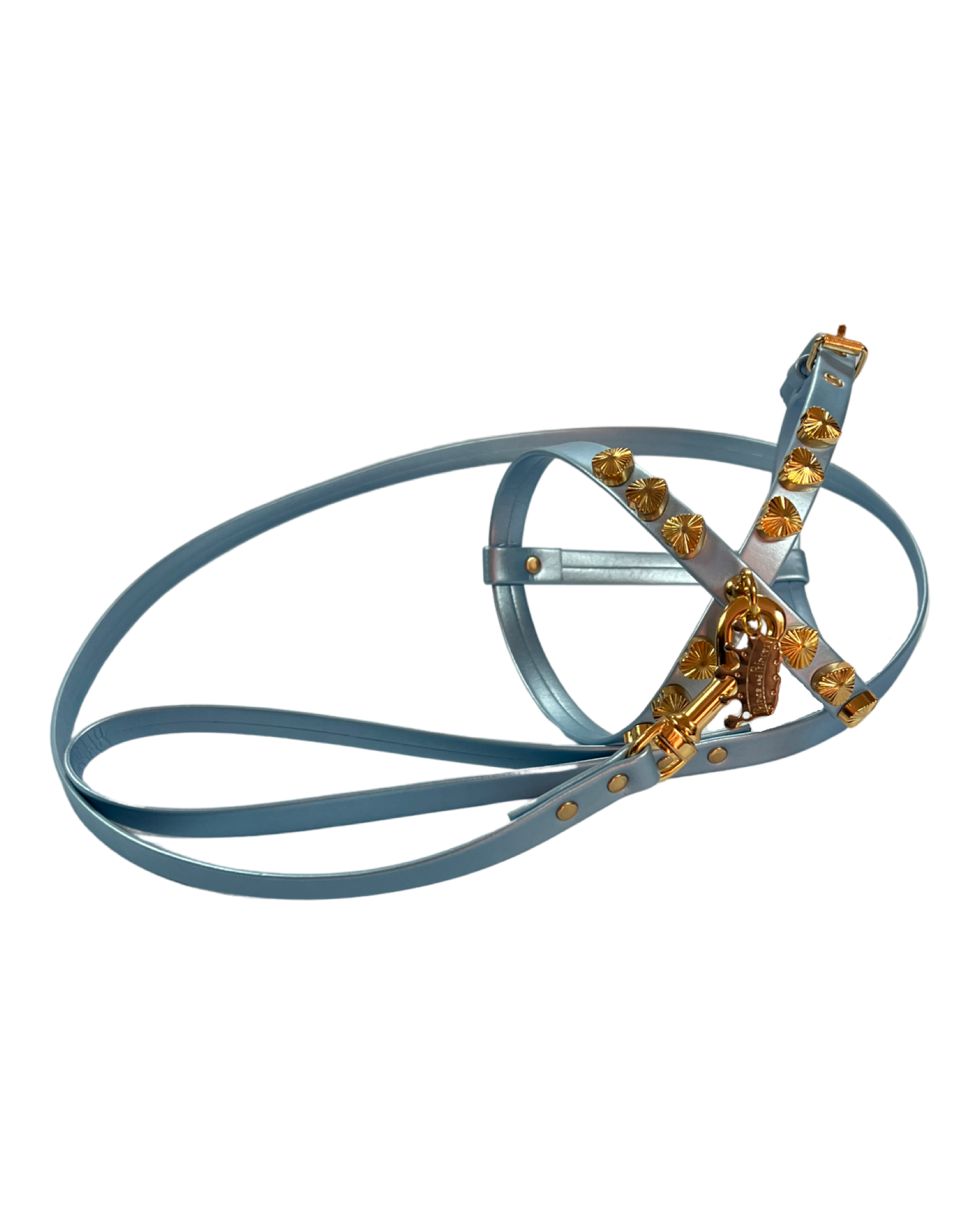 Fashion Dog Harness and Plain Leash Set - Blue with Heart Studs