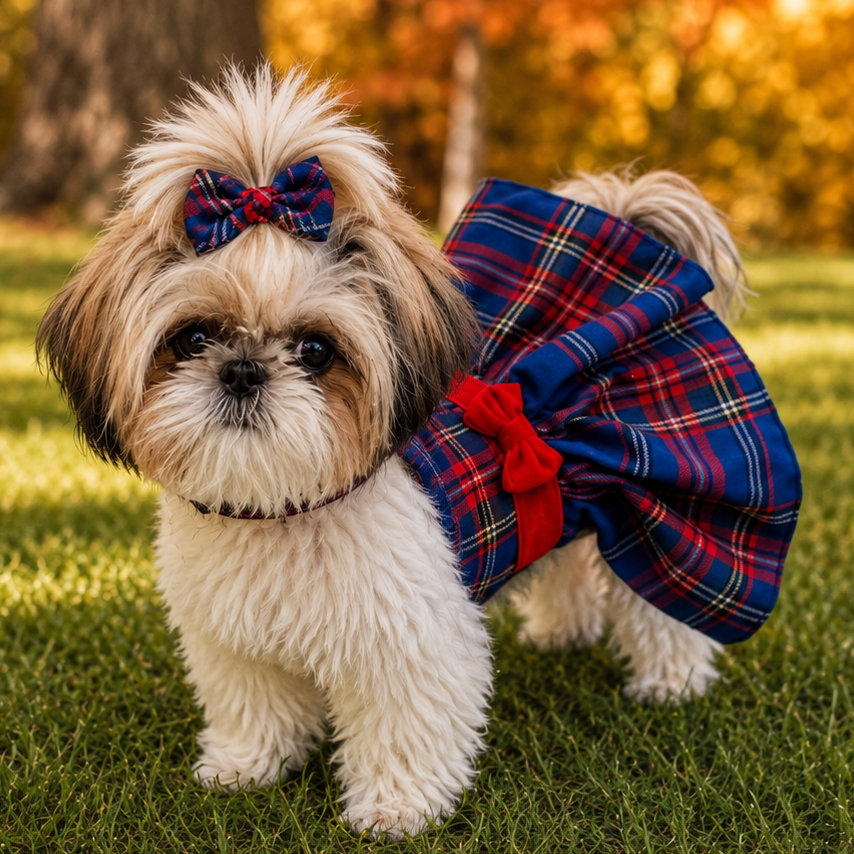 Heads or Tails Pup Red & Blue Plaid Dog Dress