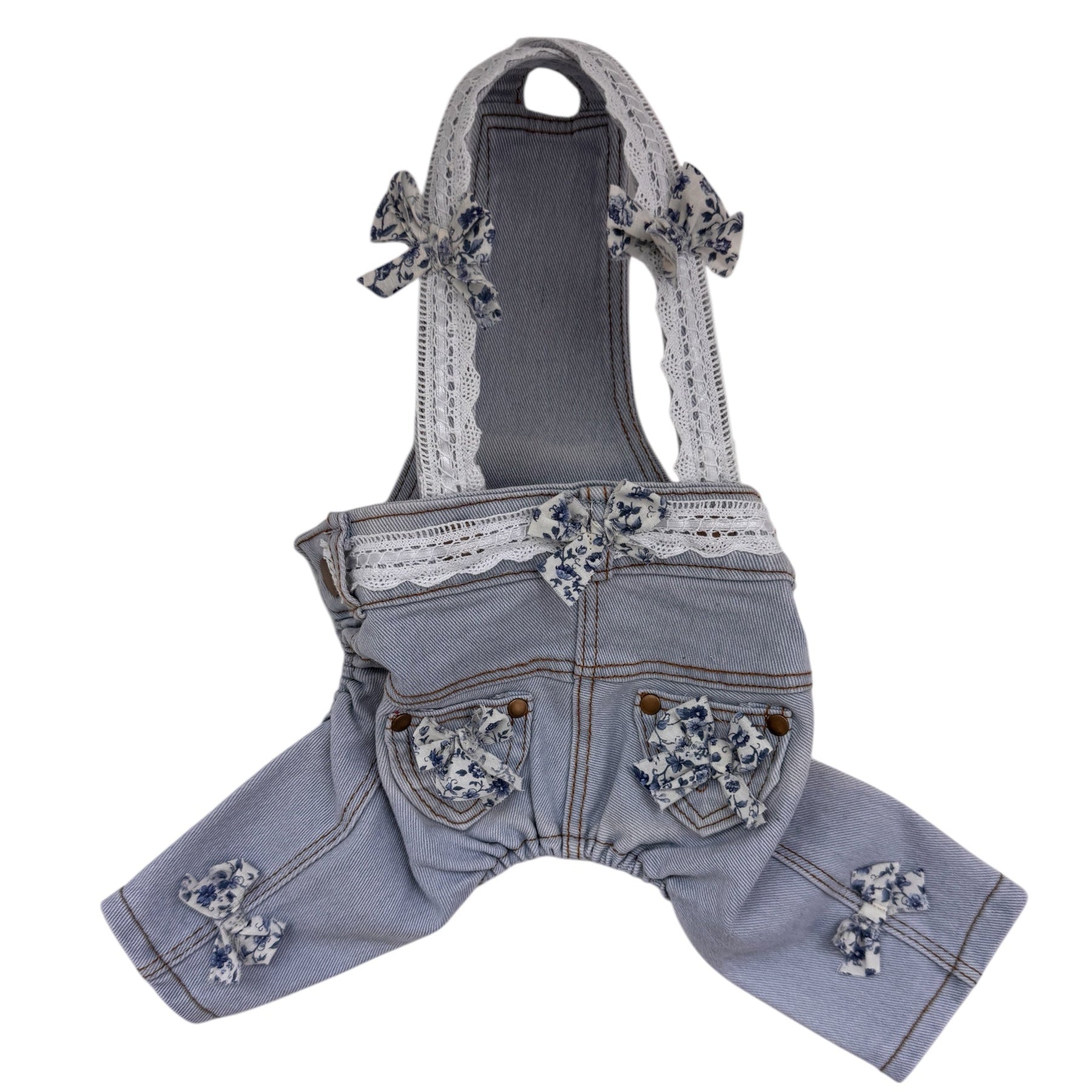 Heads or Tails Pup Blue with Blue Floral Bows Dog Overalls