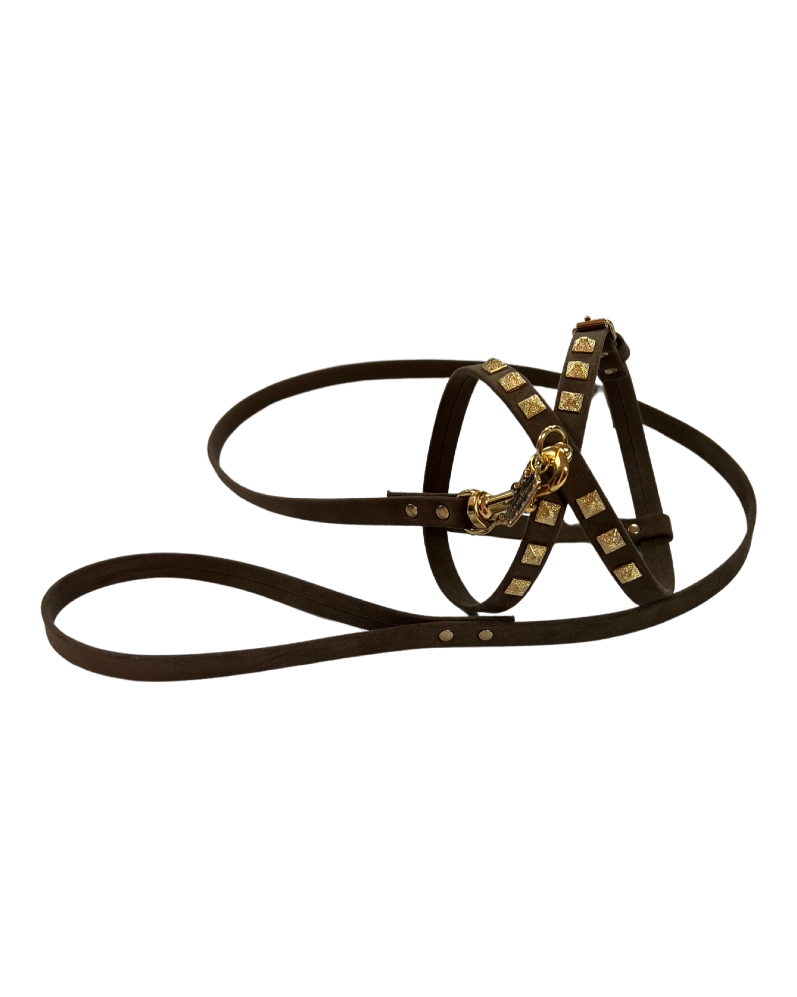 Fashion Dog Harness and Plain Leash Set -Brown Faux Suede