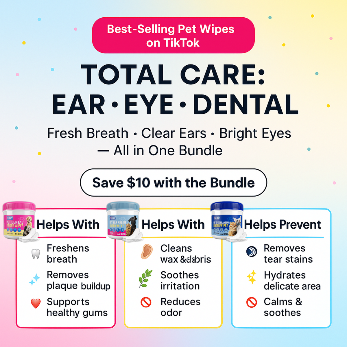 3-Pack Hygiene Bundle - Pet Dental, Ear, & Eye Finger Wipes