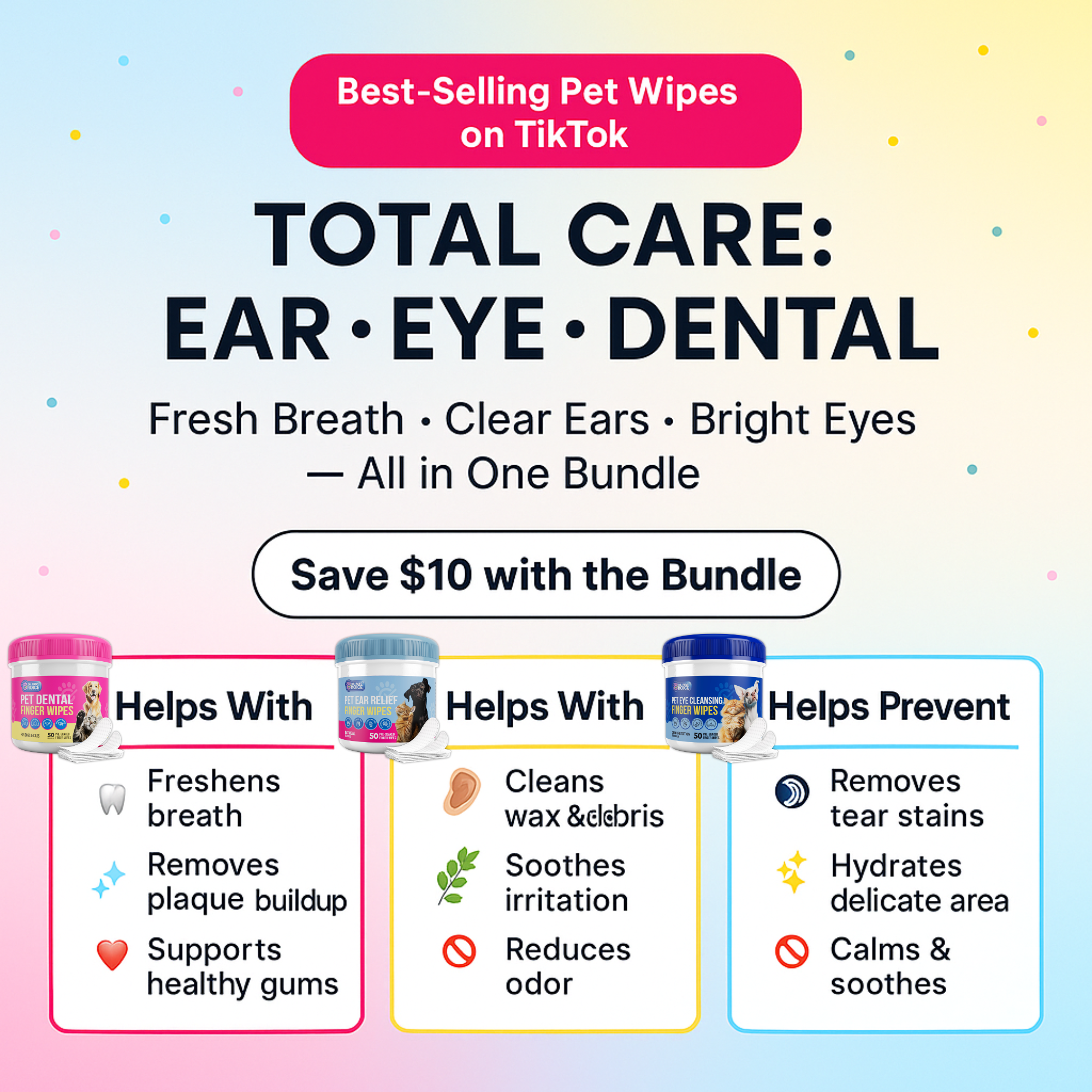 3-Pack Hygiene Bundle - Pet Dental, Ear, & Eye Finger Wipes