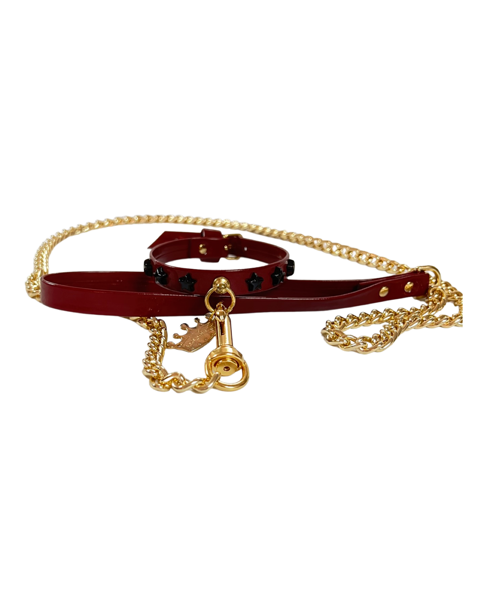 Fashion Collar and Chain Leash Set - Burgundy with Star Studs