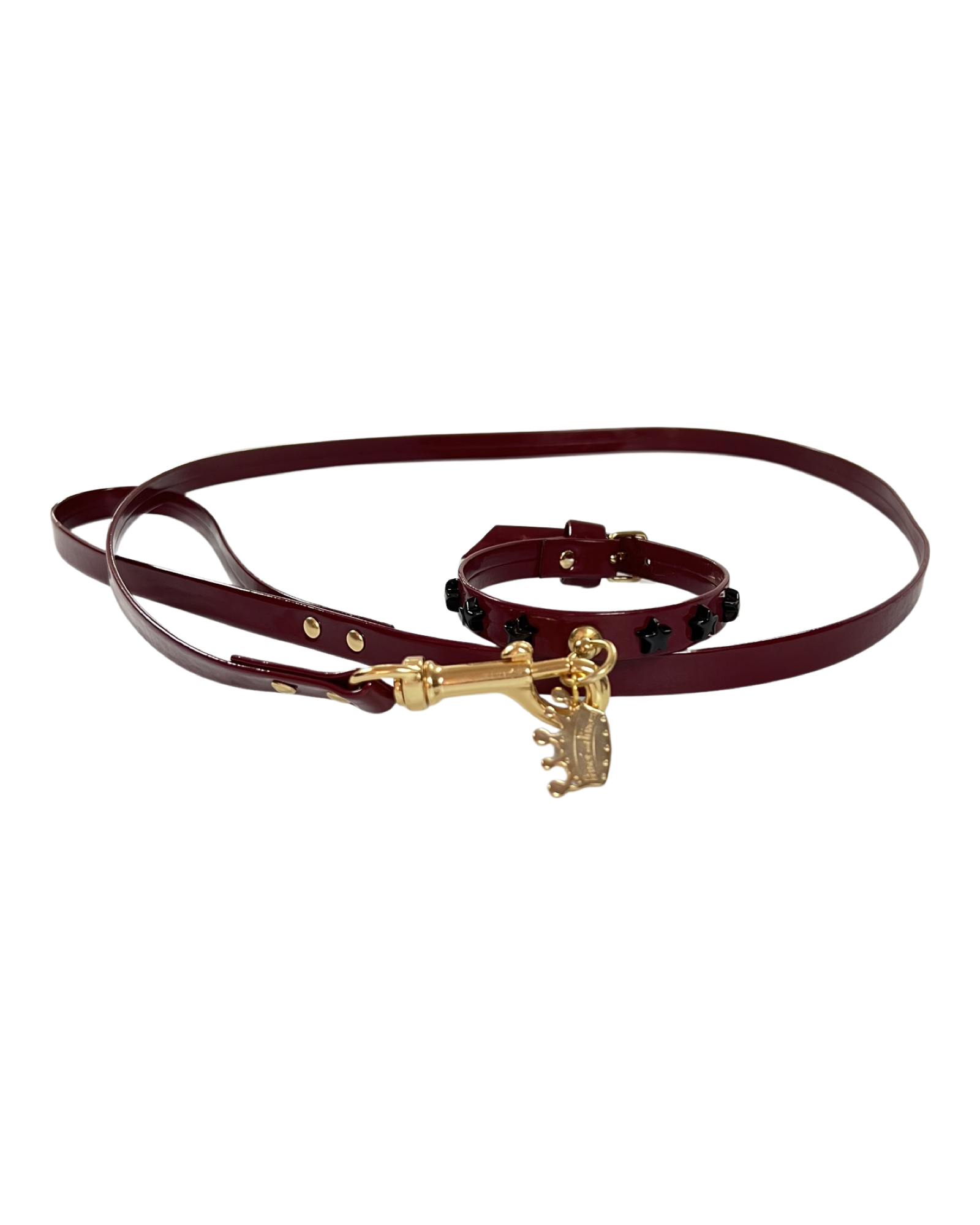 Fashion Collar and Plain Leash Set - Burgundy with Star Studs