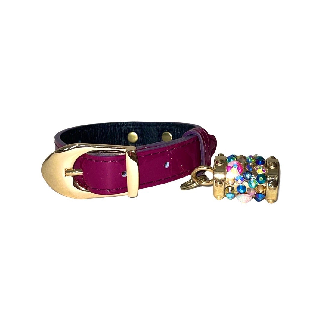 Allysa Payne XS 7"-14" Purple Patent Italian Leather Dog Collar/Custom Gold Italian Hardware With Swarovski Crystal Charm