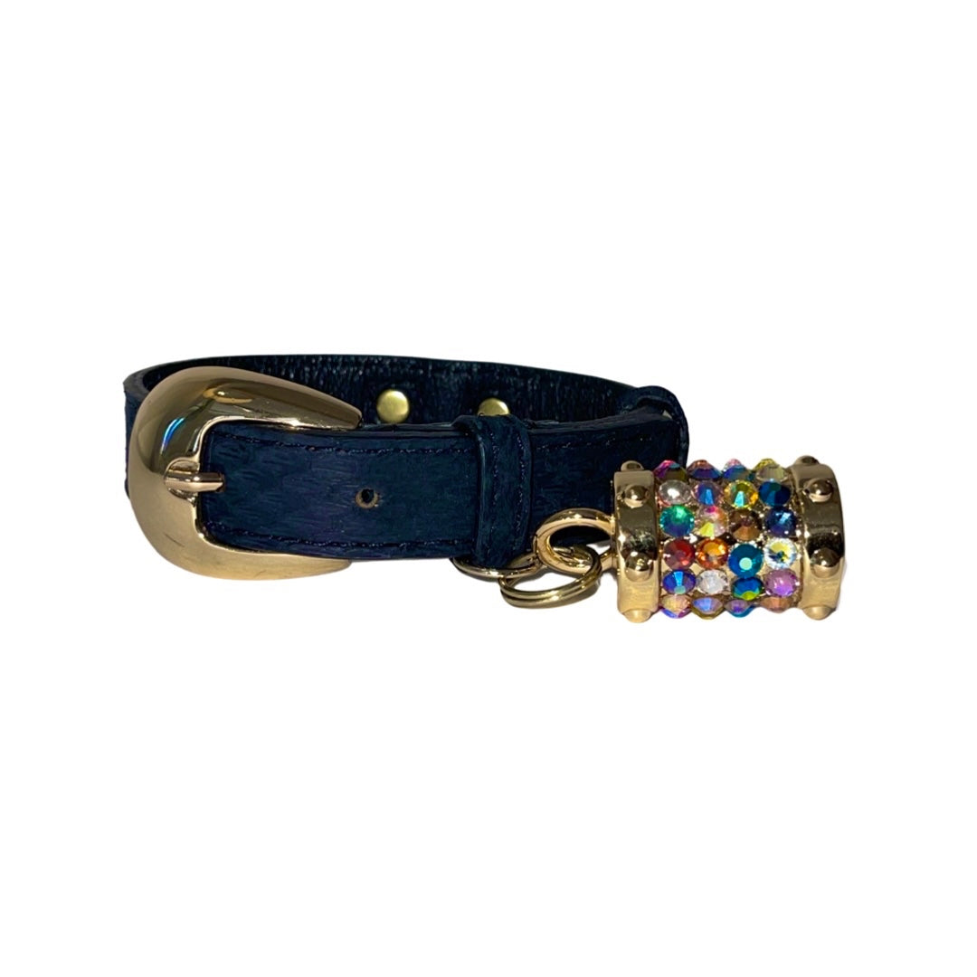Allysa Payne XS/S 7"-14" Matte Midnight Blue Custom Snake Dog Collar/Custom Gold Oval Italian Hardware & Swarovski Crystal Charm