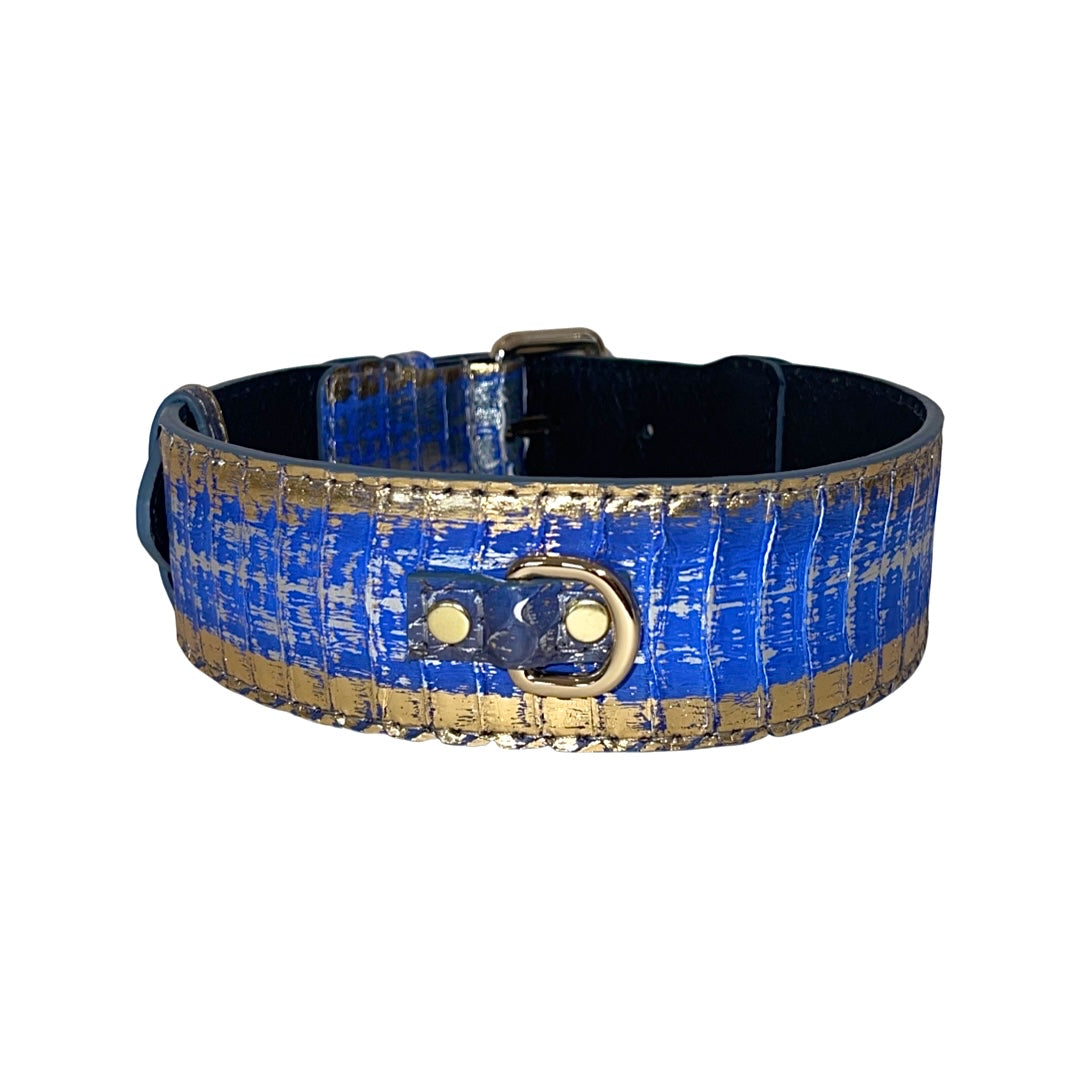 Allysa Payne Multi-Color Blue/Silver/Gold Snake, Classic Dog Collar With Gold Hardware