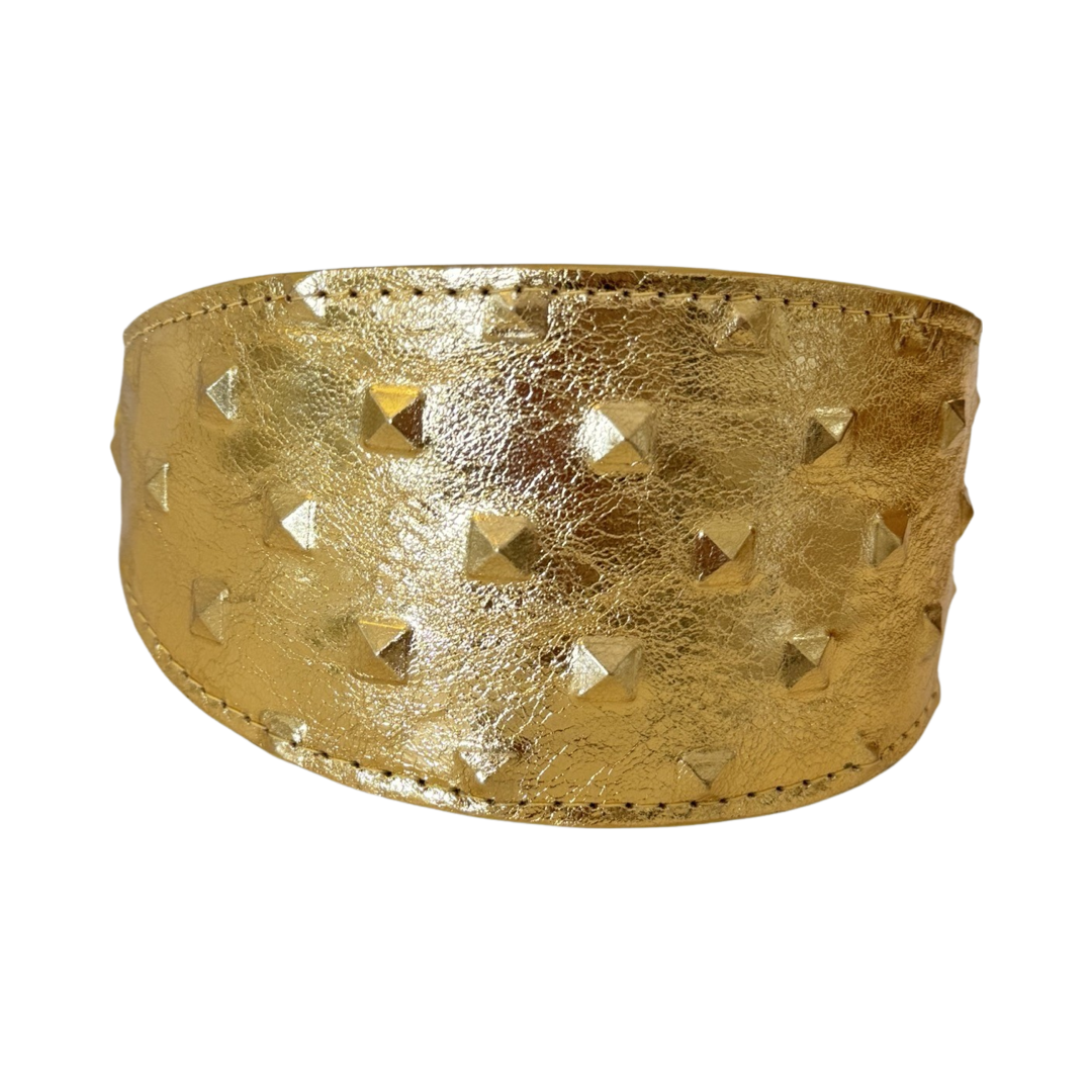 Allysa Payne Glam Gold Embossed Studded Italian Leather 3-Inch Wide Style Dog Collar