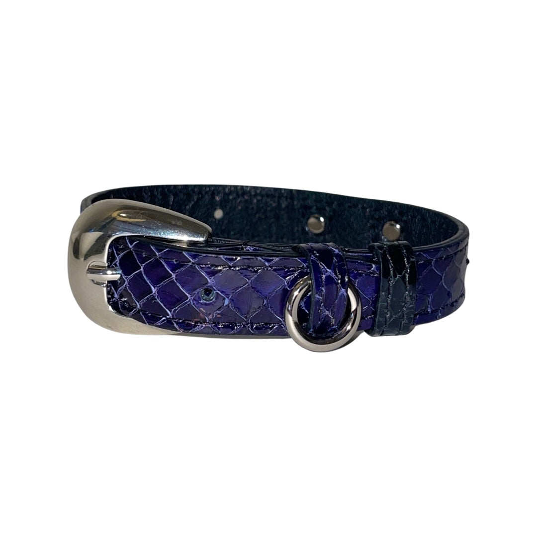 Allysa Payne XS/S 7"-14" Navy Blue Custom Snake Dog Collar/Custom Silver Oval Italian Hardware