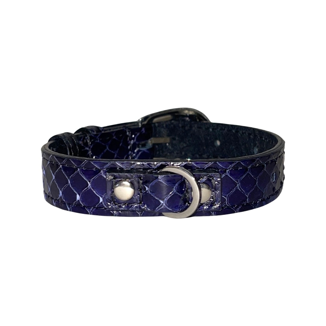 Allysa Payne XS/S 7"-14" Navy Blue Custom Snake Dog Collar/Custom Silver Oval Italian Hardware