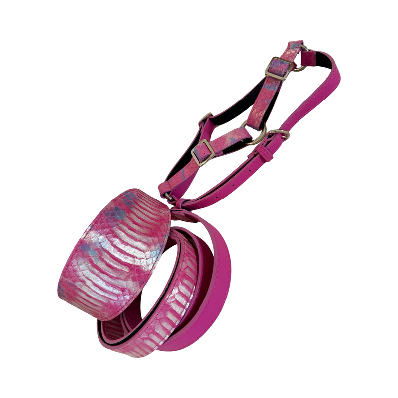 Allysa Payne Pavé In Pink Authentic Iridescent Snake 3-Inch Wide Style Statement Dog Collar, Leash & Harness Set