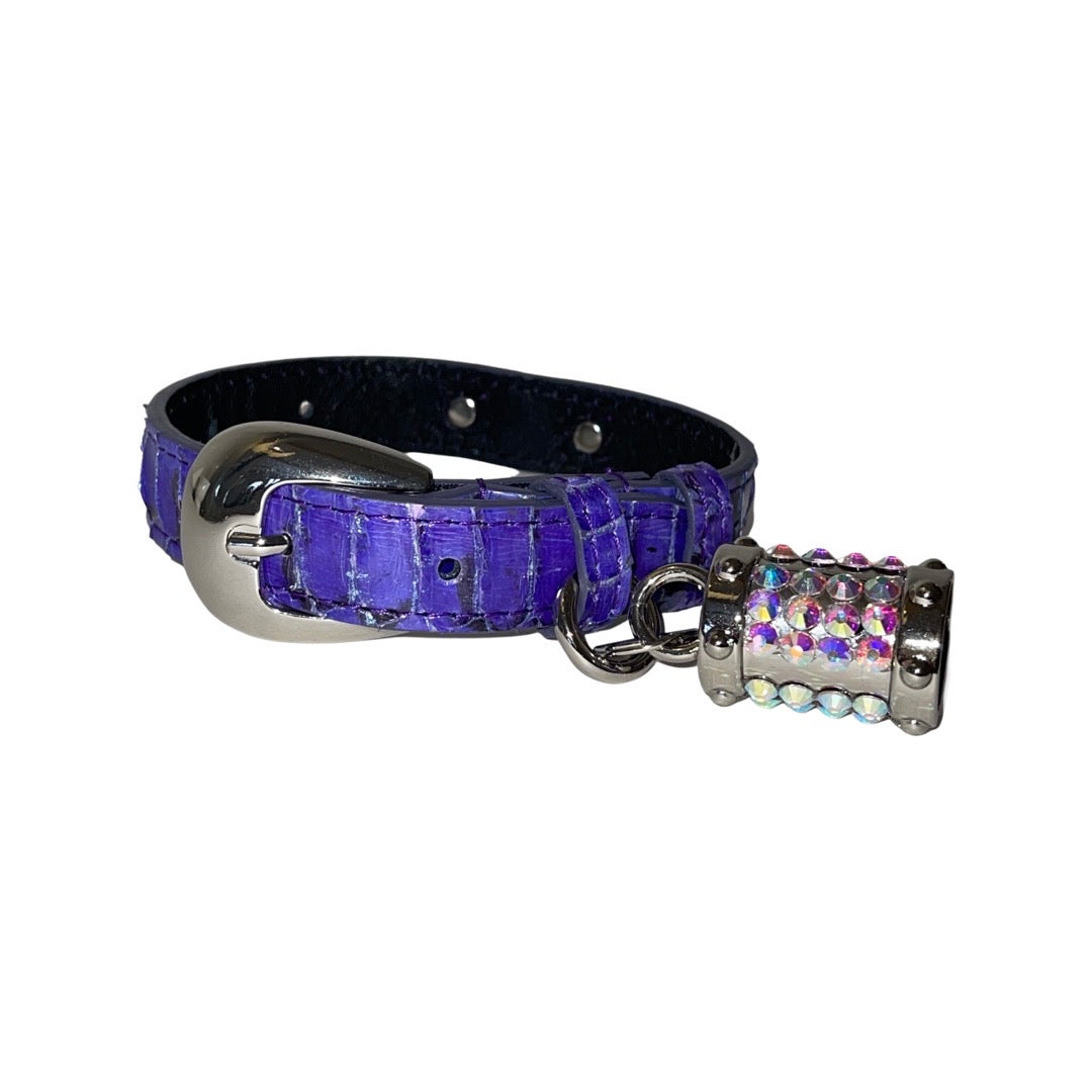 XS/S 7”-14”  Iridescent Purple/Silver Custom Snake Collar/Custom Silver Oval Italian Hardware & Swarovski Crystal Charm