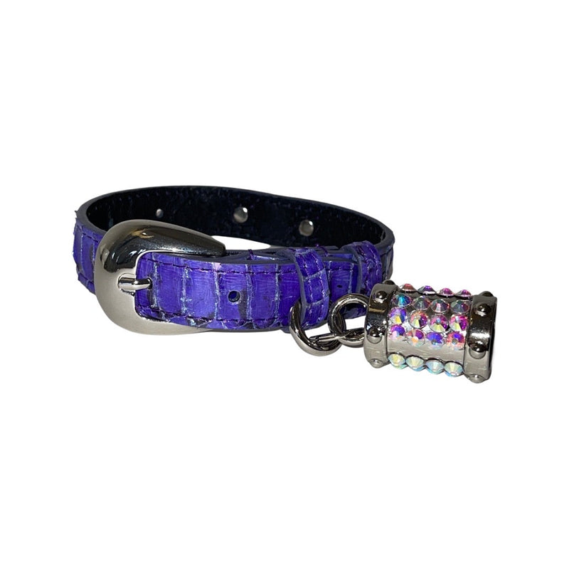 XS/S 7"-14" Iridescent Purple/Silver Custom Snake Collar/Custom Silver Oval Italian Hardware & Swarovski Crystal Charm
