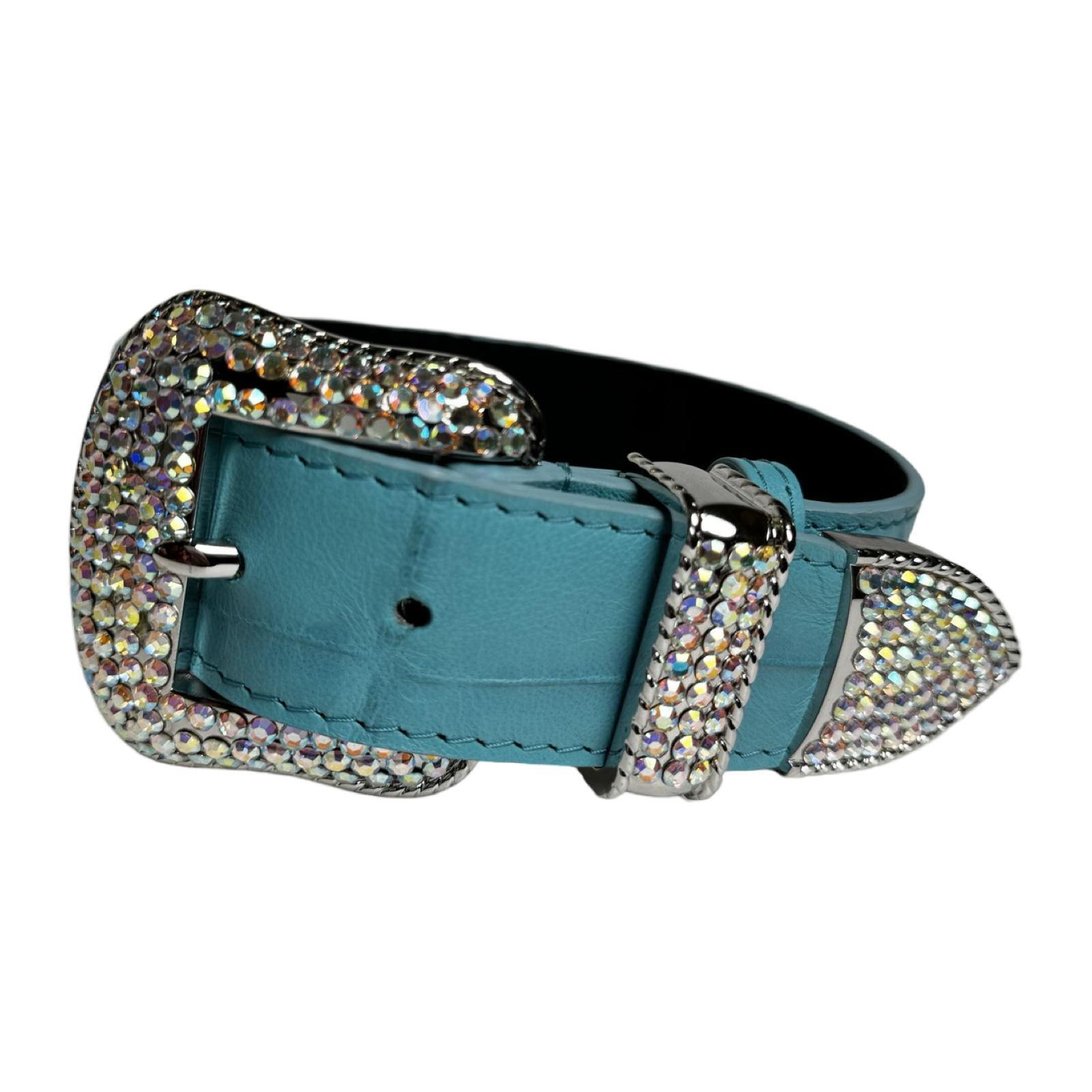 Allysa Payne The Tiffany Collection Turquoise Blue Embossed Croc Italian Leather/Custom Silver Swarovski Crystal Hardware Dog Collar