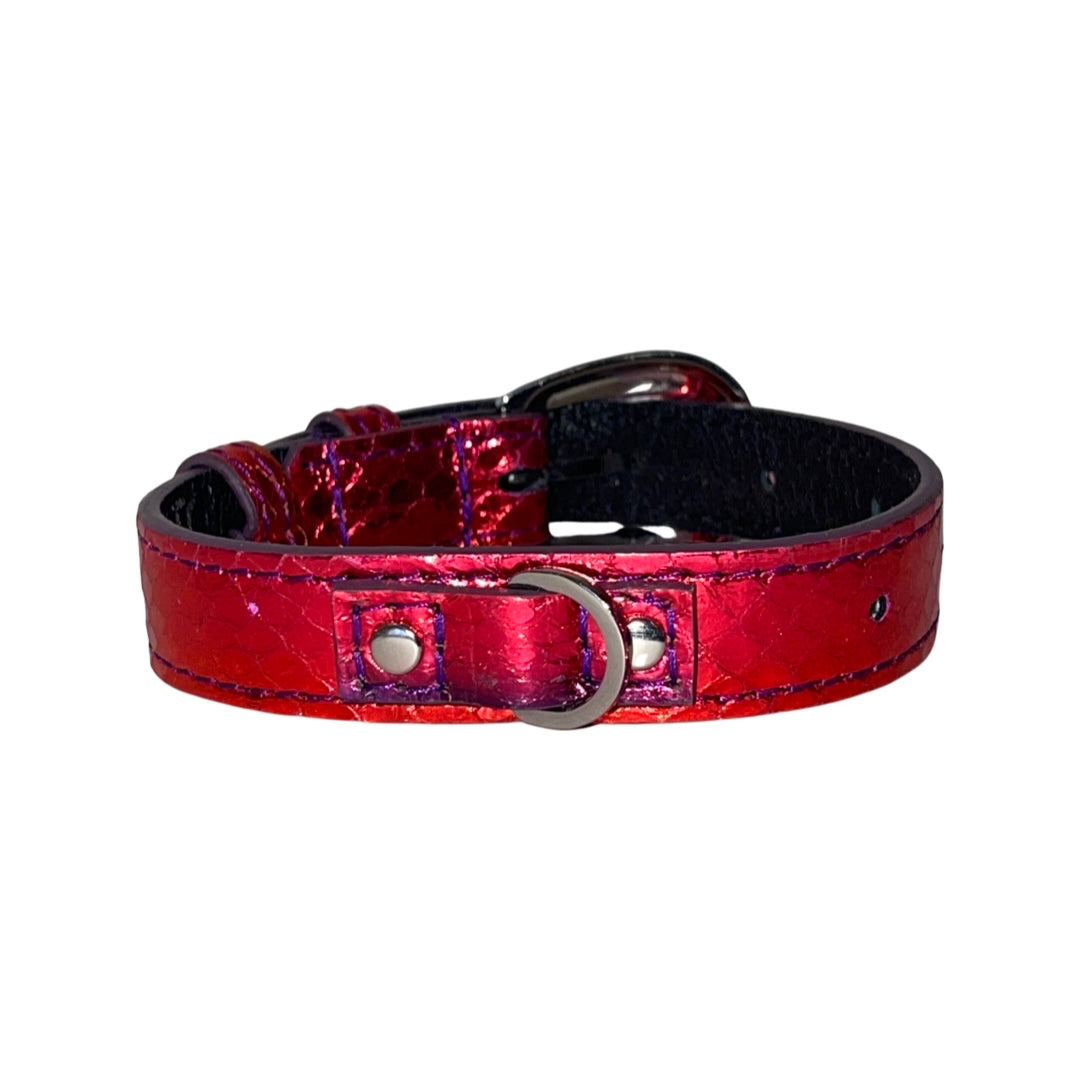 Allysa Payne XS/S 7"-14" Ruby Red/Purple Custom Snake Dog Collar/Custom Silver Oval Italian Hardware