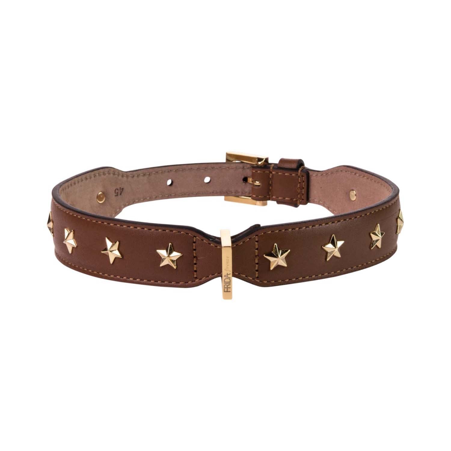 Leather Dog Collar in Brown - Stud Star, Made in Italy