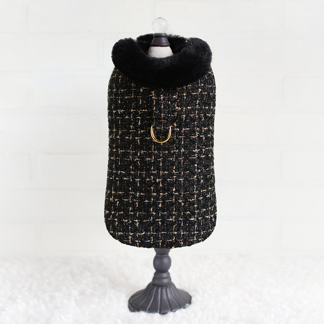 Hello Doggie Chantel Tweed Faux Fur Black Dog Coat