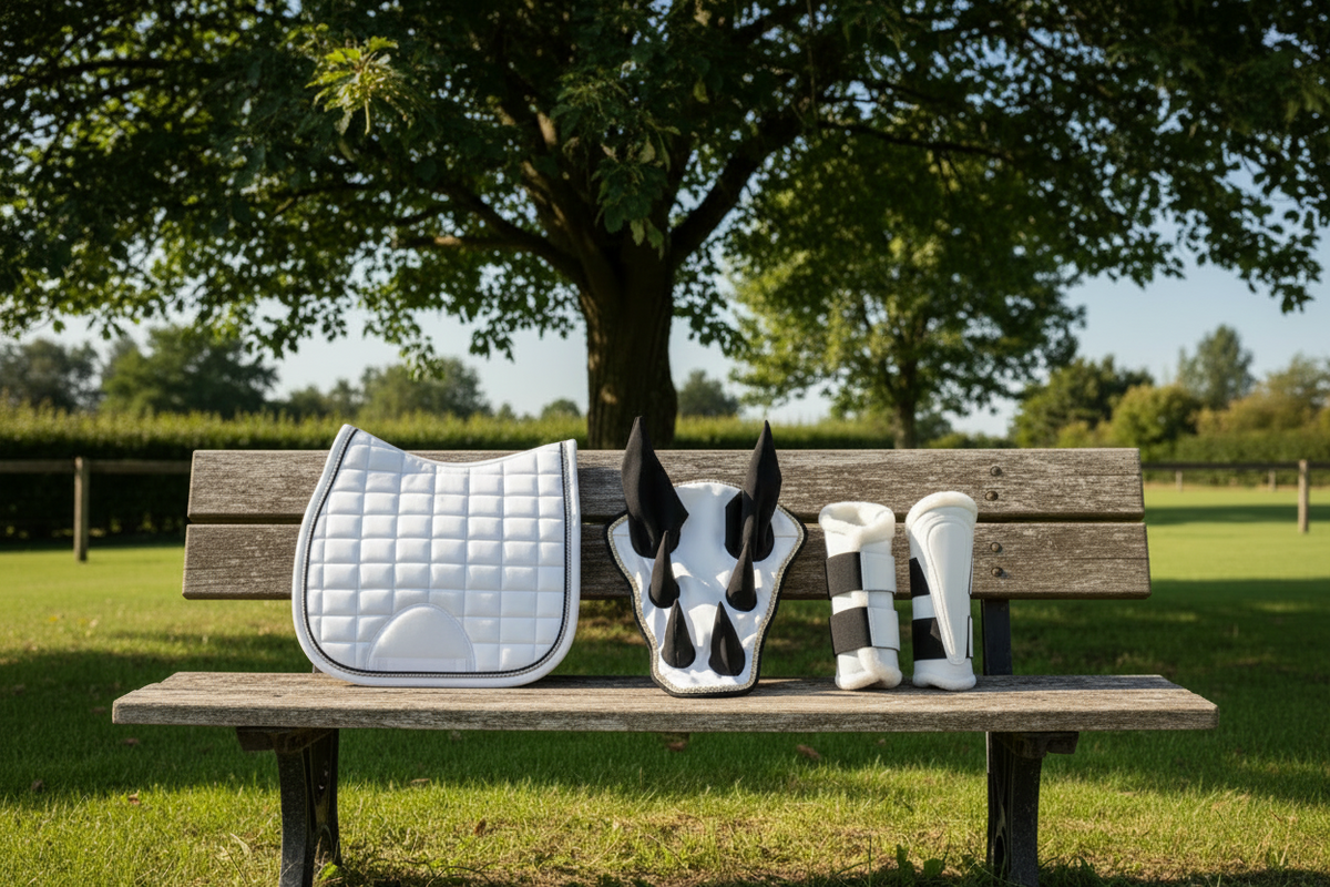 Premium Quality Cotton White Jumping Saddle Pad, Ear Bonnet & Horse Boot Set