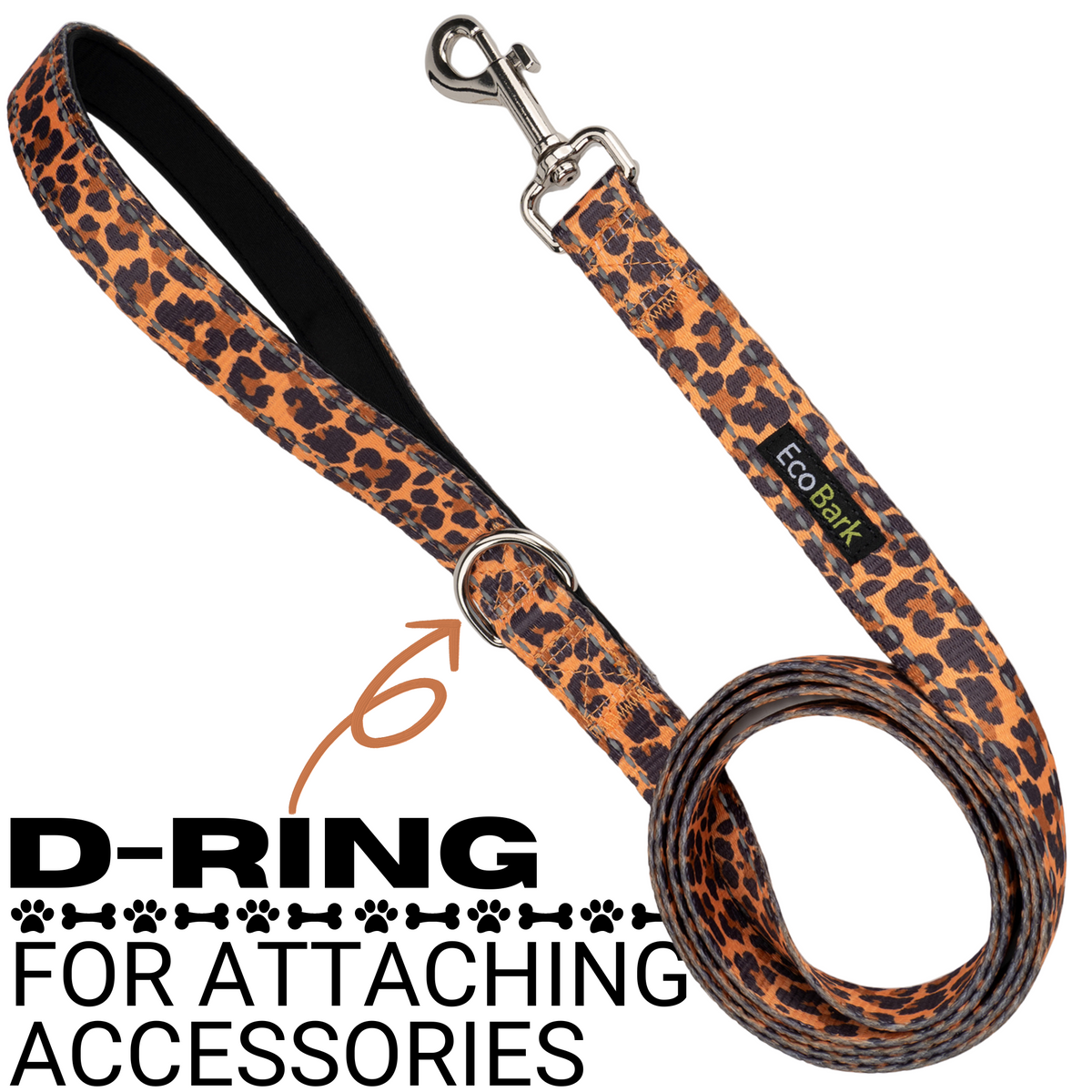 D-ring detail on EcoBark cheetah print dog leash