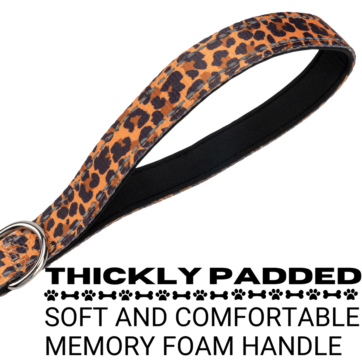 Padded handle on EcoBark cheetah print dog leash