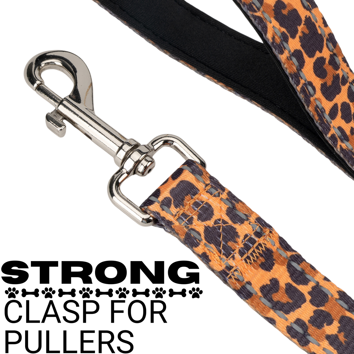 Reinforced metal clasp on EcoBark cheetah print dog leash
