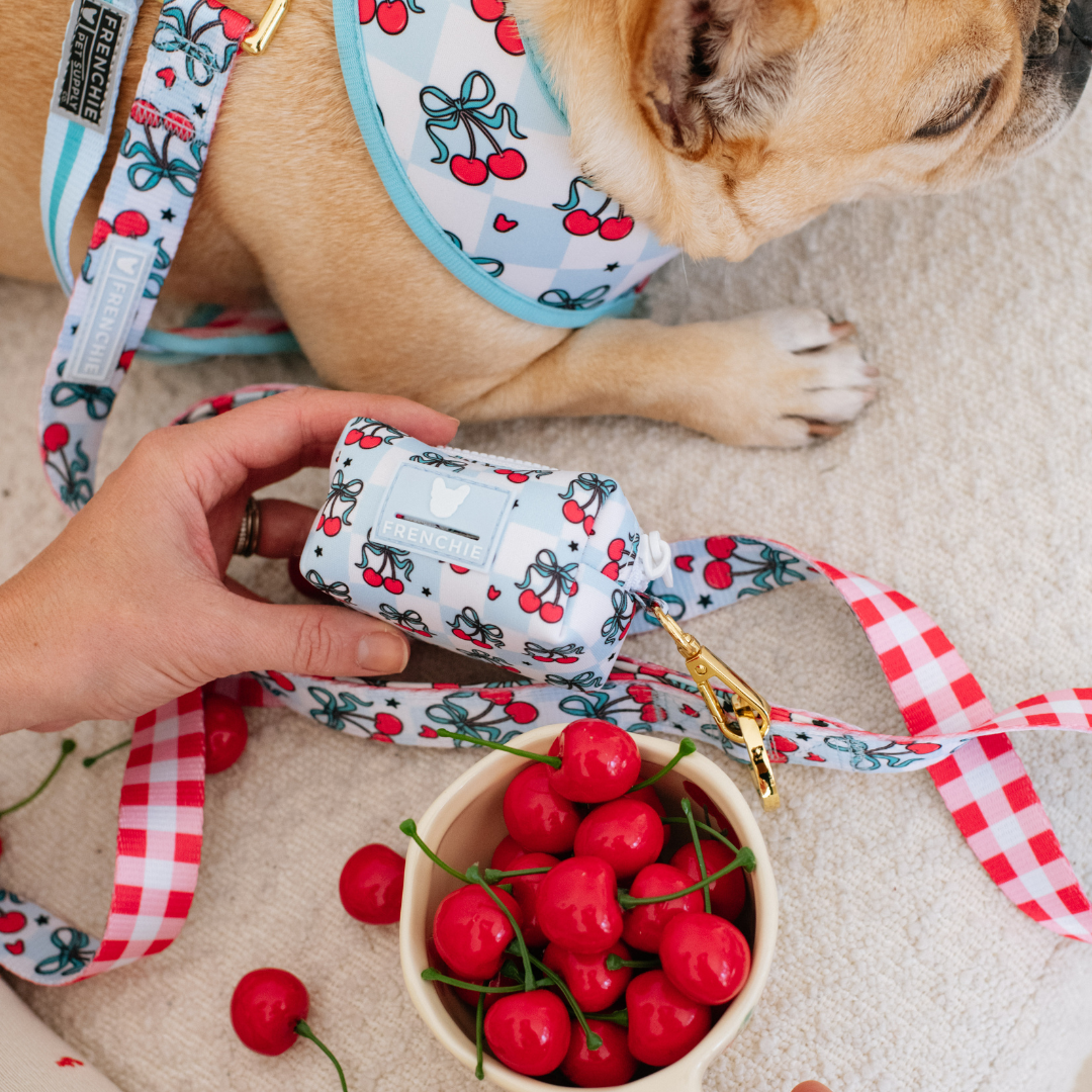 Frenchie Poo Bag Holder - Cherries Blue