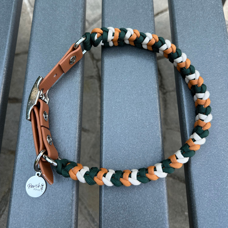Coiled Charm Hand Braided Dog Collar in Hunter Green, Mustard, & Cream - HT Animal Supply