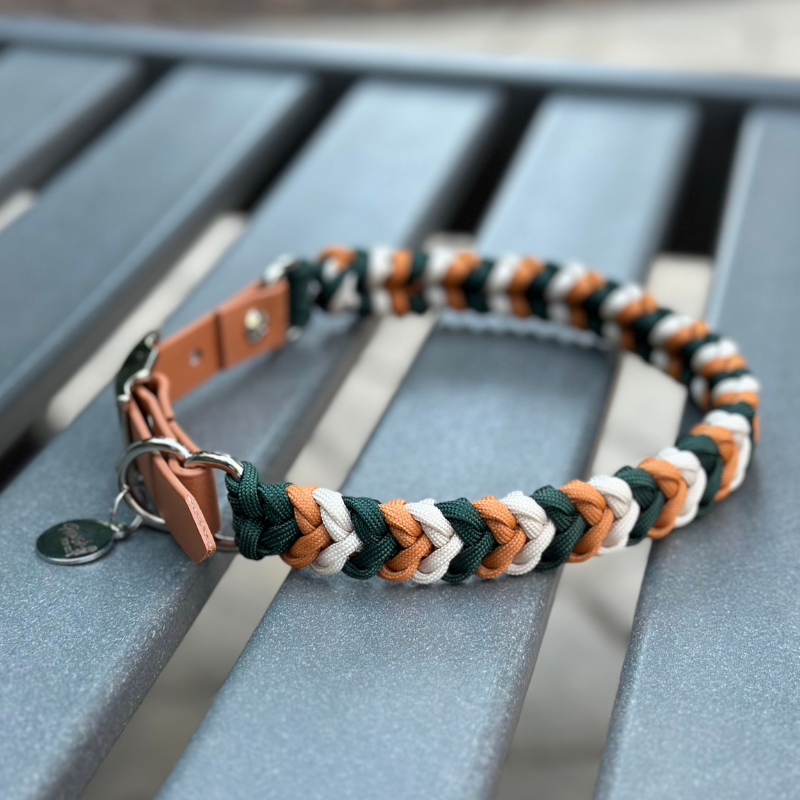 Coiled Charm Hand Braided Dog Collar in Hunter Green, Mustard, & Cream - HT Animal Supply