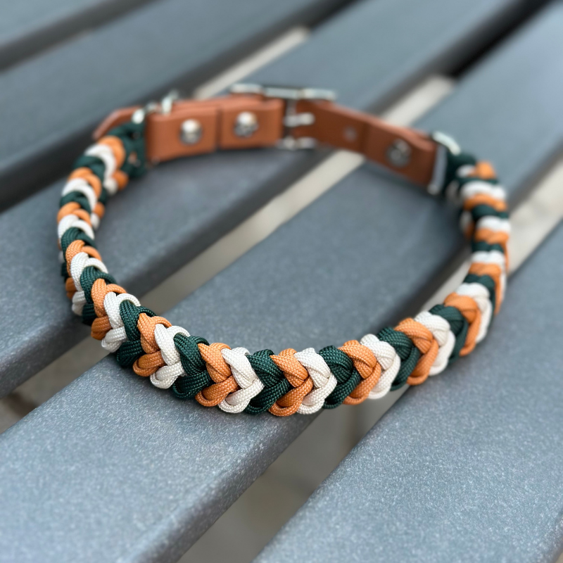 Coiled Charm Hand Braided Dog Collar in Hunter Green, Mustard, & Cream - HT Animal Supply
