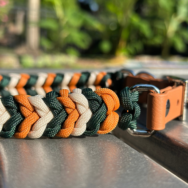 Coiled Charm Hand Braided Dog Collar in Hunter Green, Mustard, & Cream - HT Animal Supply