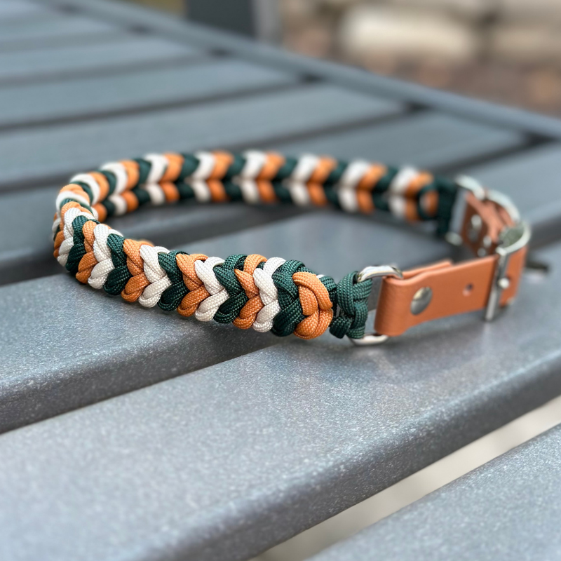 Coiled Charm Hand Braided Dog Collar in Hunter Green, Mustard, & Cream - HT Animal Supply