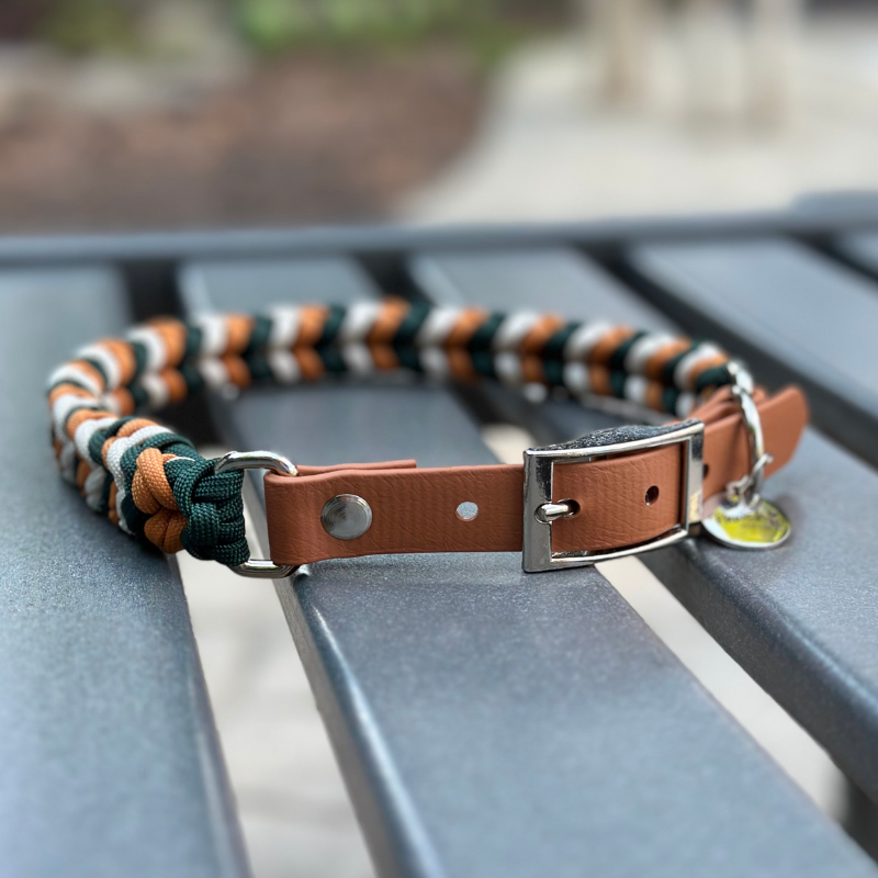 Coiled Charm Hand Braided Dog Collar in Hunter Green, Mustard, & Cream - HT Animal Supply
