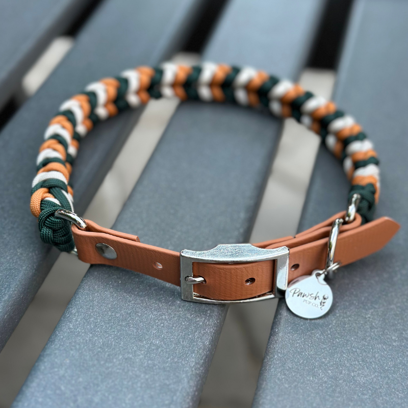 Coiled Charm Hand Braided Dog Collar in Hunter Green, Mustard, & Cream - HT Animal Supply