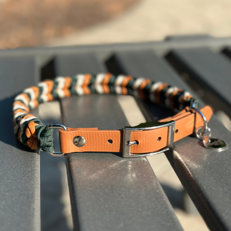Coiled Charm Hand Braided Dog Collar in Hunter Green, Mustard, & Cream - HT Animal Supply