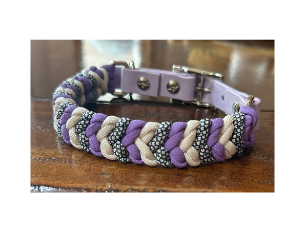 Coiled Charm Hand Braided Dog Collar in Lilac, Cream, & Silver Diamonds - HT Animal Supply