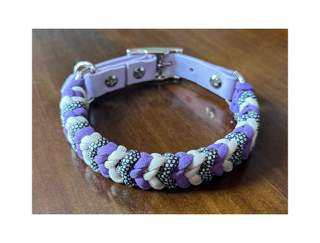 Coiled Charm Hand Braided Dog Collar in Lilac, Cream, & Silver Diamonds - HT Animal Supply