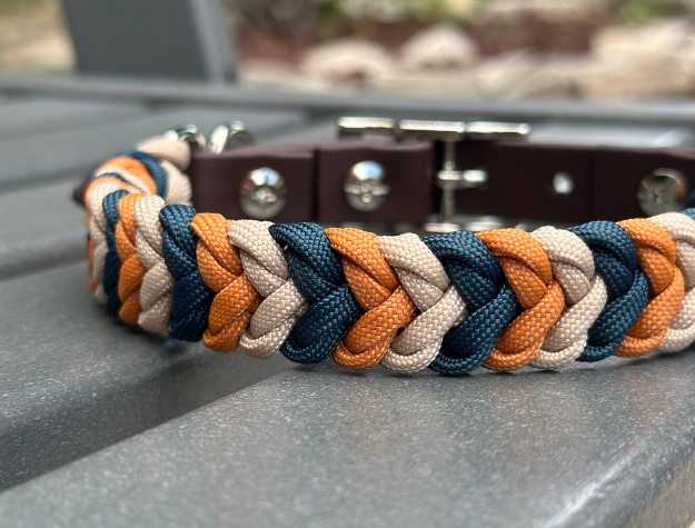 Coiled Charm Hand Braided Dog Collar in Mustard, Navy, & Light Tan - HT Animal Supply
